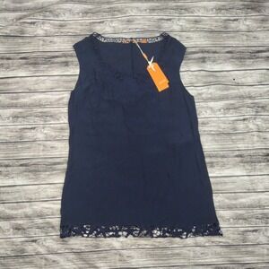Hugo Boss Orange Navy Blue Crochet Lace Trim Sleeveless Top NWT